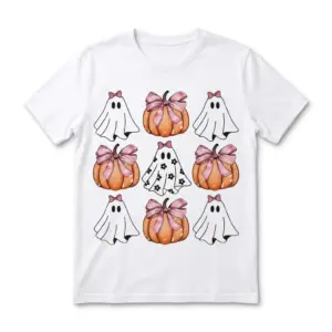 White t-shirt with cute ghost and pumpkin pattern featuring bows and flowers.