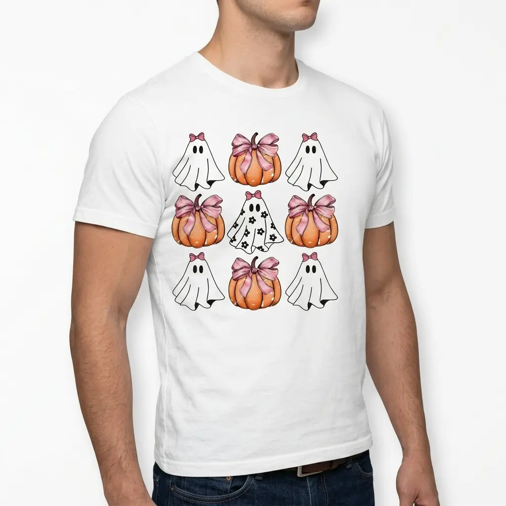 Cute Coquette Halloween Ghost and Pumpkin T-Shirt 5 Classic cut t-shirt showcasing a fun Halloween ghost and pumpkin motif.
