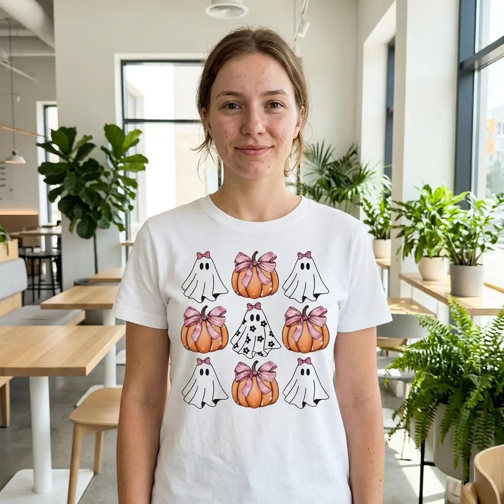 Cute Coquette Halloween Ghost and Pumpkin T-Shirt 6 Casual wearing of Halloween t-shirt with ghost and pumpkin print in a lifestyle setting.