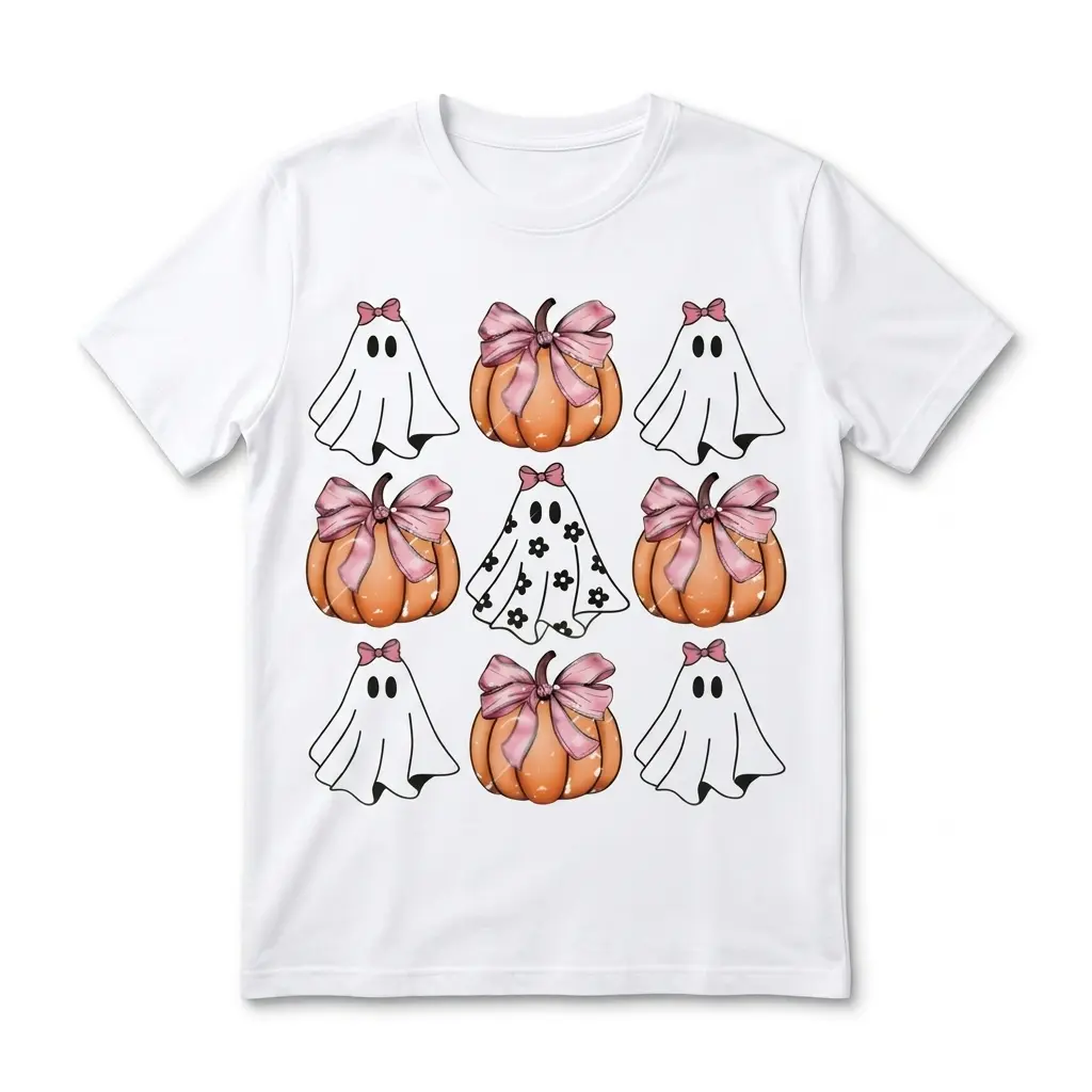 Cute Coquette Halloween Ghost and Pumpkin T-Shirt 1 White t-shirt with cute ghost and pumpkin pattern featuring bows and flowers.