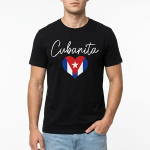 Cute Cubanita Cuban Flag Heart T-Shirt 8 Close-up of the Cubanita T-Shirt with detailed heart design in red, blue, and white.