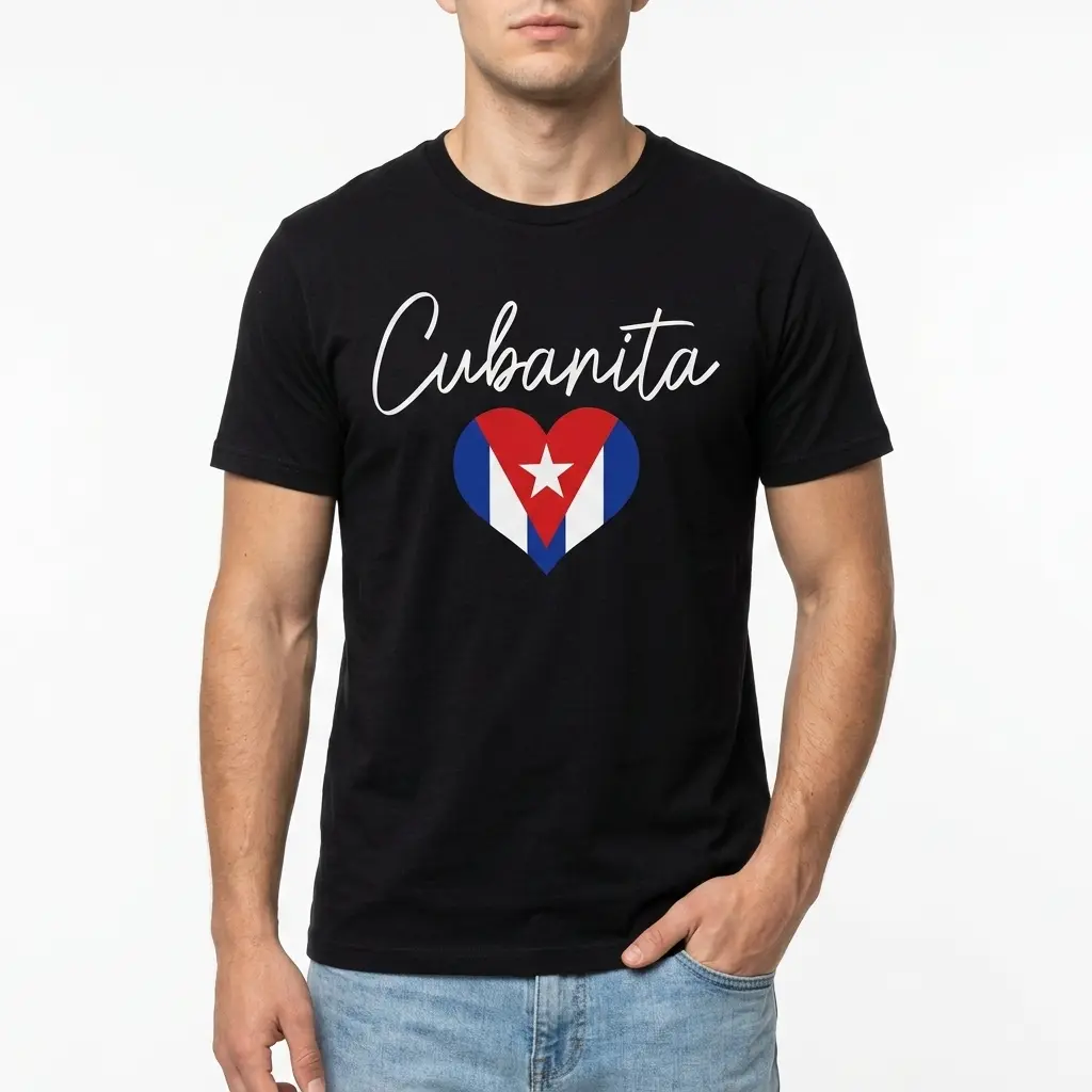 Cute Cubanita Cuban Flag Heart T-Shirt 3 Close-up of the Cubanita T-Shirt with detailed heart design in red, blue, and white.