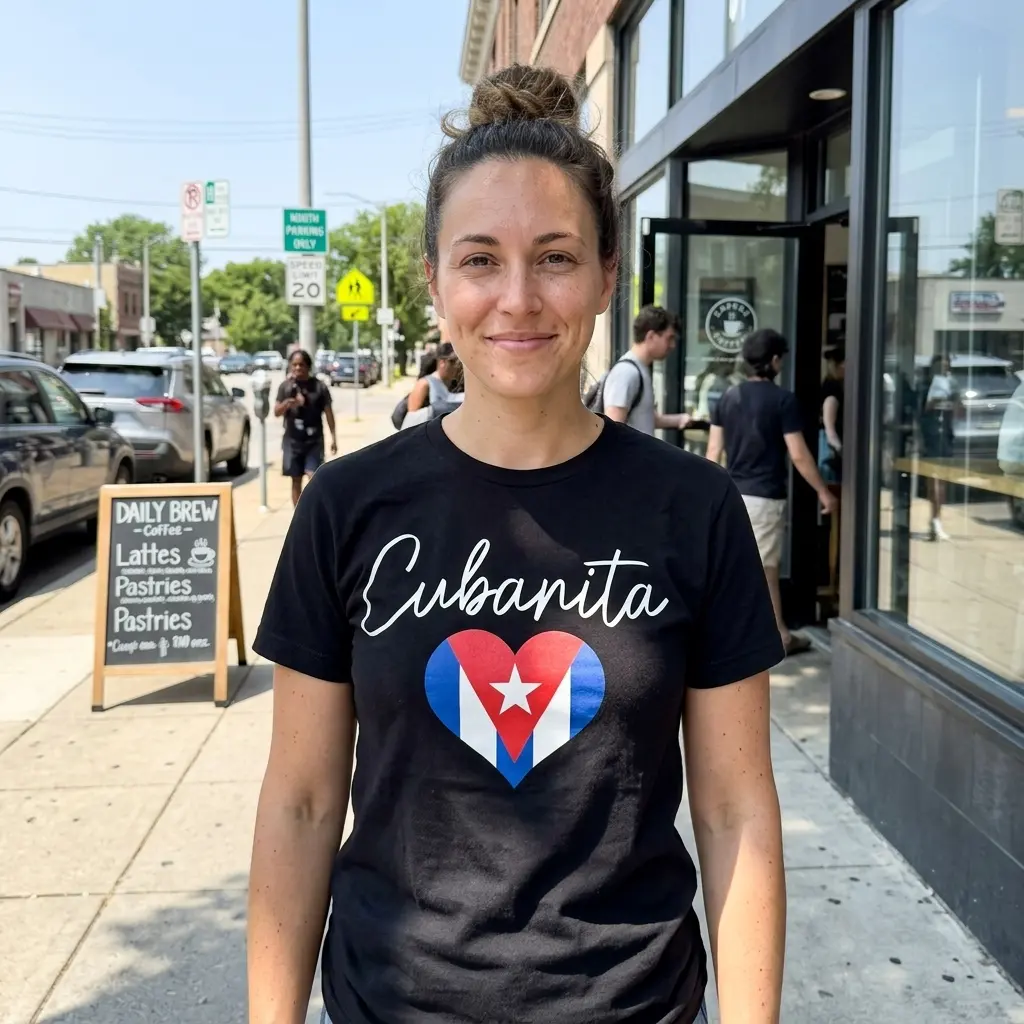 Cute Cubanita Cuban Flag Heart T-Shirt 6 Model wearing the Cubanita T-Shirt outdoors, displaying the heart design with pride.