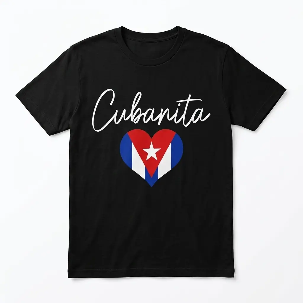 Cute Cubanita Cuban Flag Heart T-Shirt 1 Cubanita T-Shirt featuring a heart design in Cuban flag colors on a black background.
