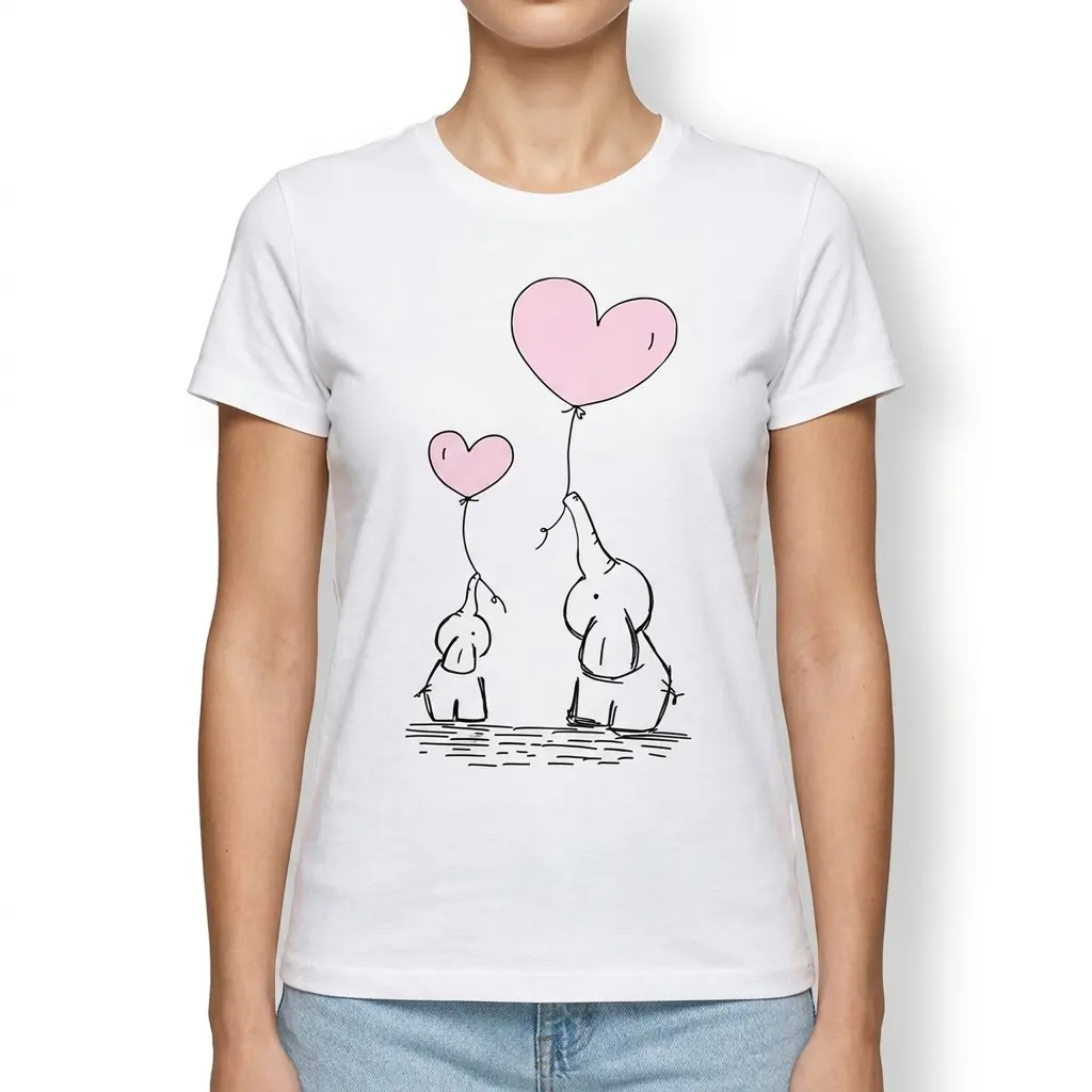 Cute Elephant Family Heart Balloons T-Shirt 4 Elephant family design with heart balloons on white t-shirt.