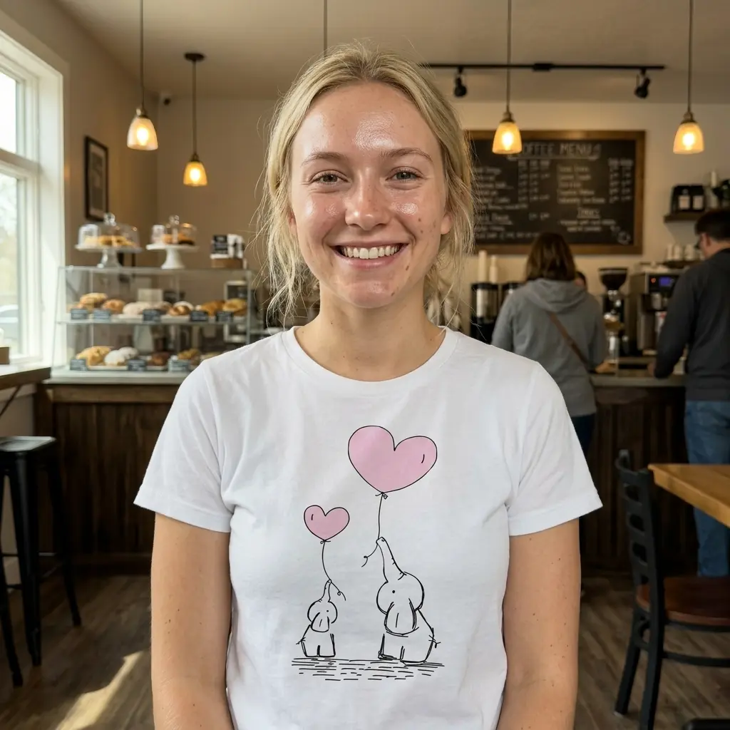 Cute Elephant Family Heart Balloons T-Shirt 6 Model wearing elephant family shirt with heart balloons in casual setting.