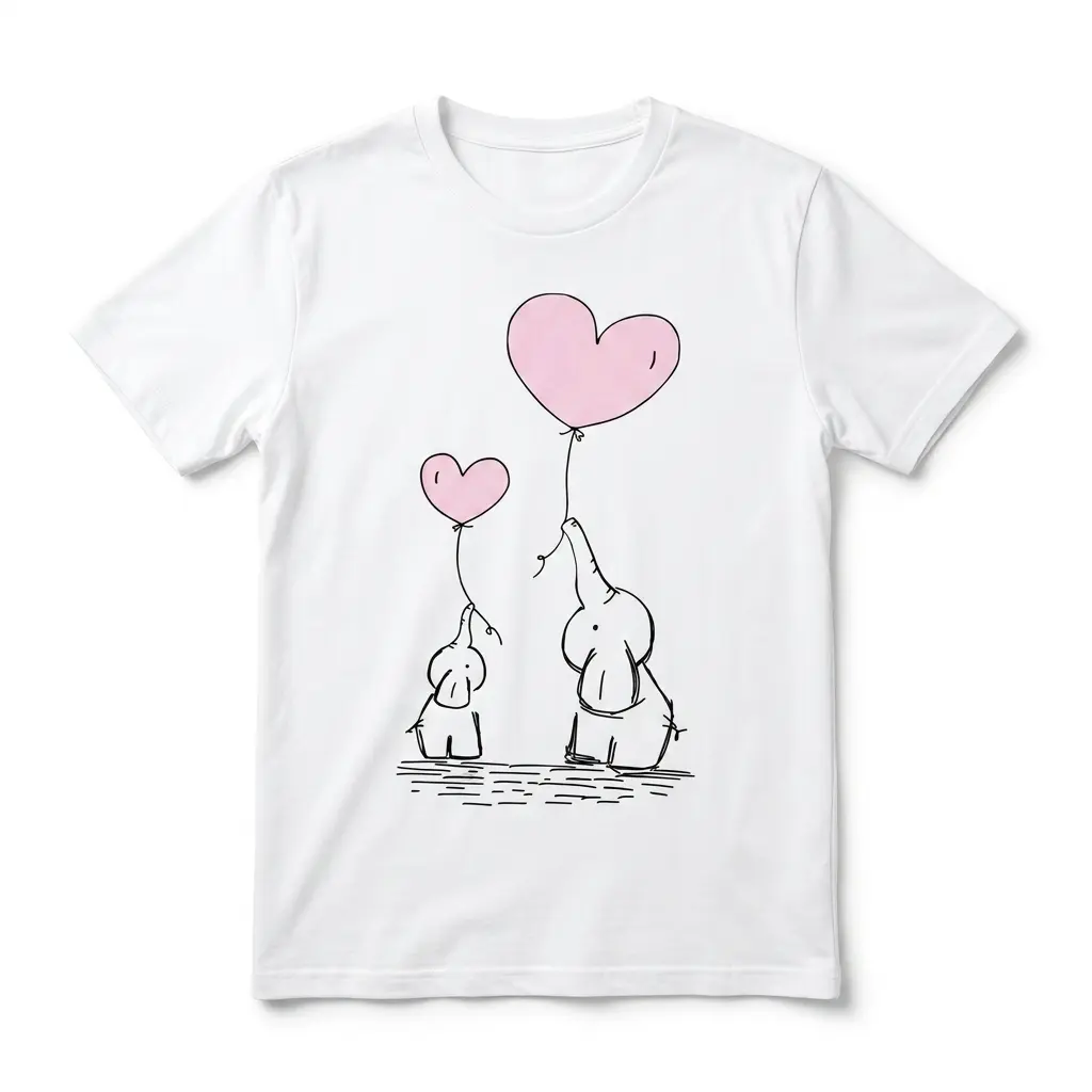 Cute Elephant Family Heart Balloons T-Shirt 1 White t-shirt with elephants holding pink heart balloons design.