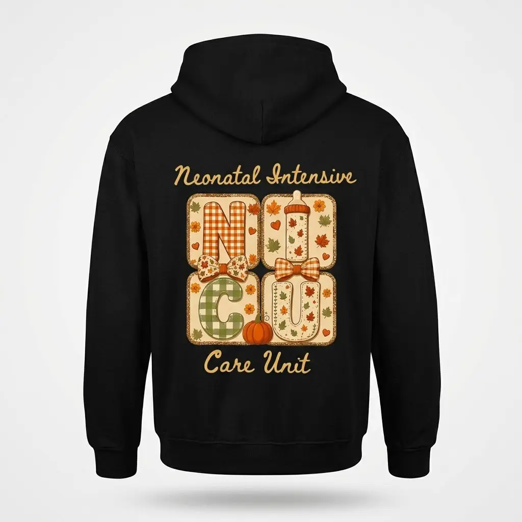Cute Fall NICU Nurse Care Unit T-Shirt 2 Back flatlay of a hoodie featuring the "Neonatal Intensive Care Unit" design with fall plaid letters, leaves, and a baby bottle.