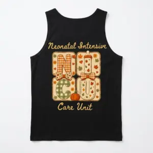 Cute Fall NICU Nurse Care Unit T-Shirt 8 Tanktop back flatlay showcasing the fall NICU nurse design, including decorated letters, bows, and "Care Unit" script.