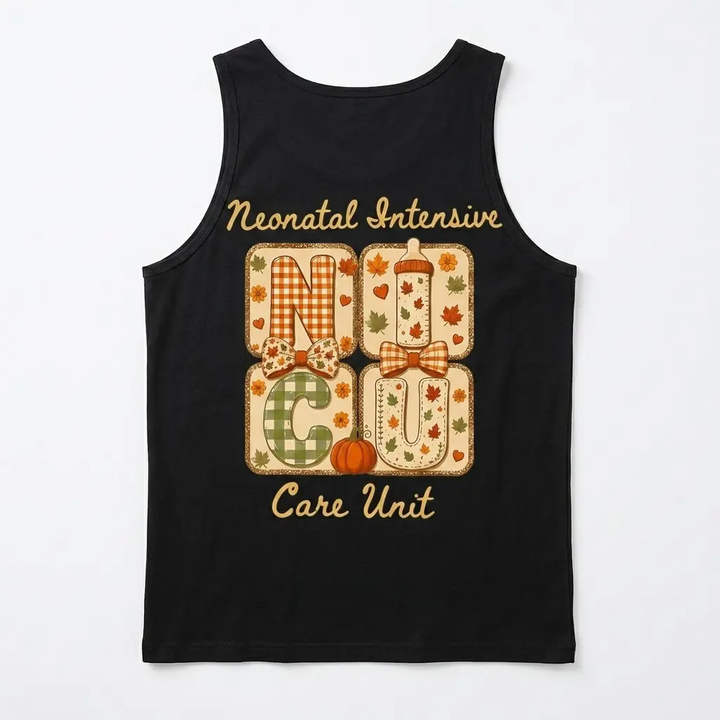 Cute Fall NICU Nurse Care Unit T-Shirt 3 Tanktop back flatlay showcasing the fall NICU nurse design, including decorated letters, bows, and "Care Unit" script.