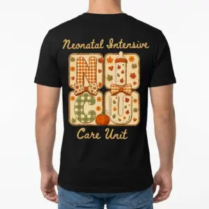 Cute Fall NICU Nurse Care Unit T-Shirt 9 A man from the back wearing a t-shirt with the autumn-themed "Neonatal Intensive Care Unit" design featuring fall leaves and plaid patterns.