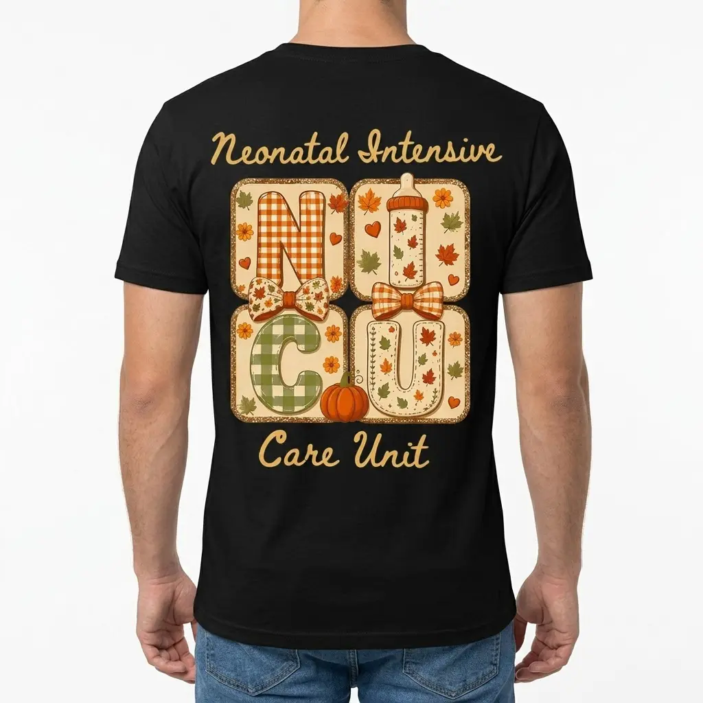 Cute Fall NICU Nurse Care Unit T-Shirt 4 A man from the back wearing a t-shirt with the autumn-themed "Neonatal Intensive Care Unit" design featuring fall leaves and plaid patterns.