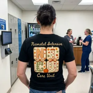 Cute Fall NICU Nurse Care Unit T-Shirt 10 T-shirt showcasing the charming fall-themed NICU design with decorative letters, a baby bottle, and a pumpkin.