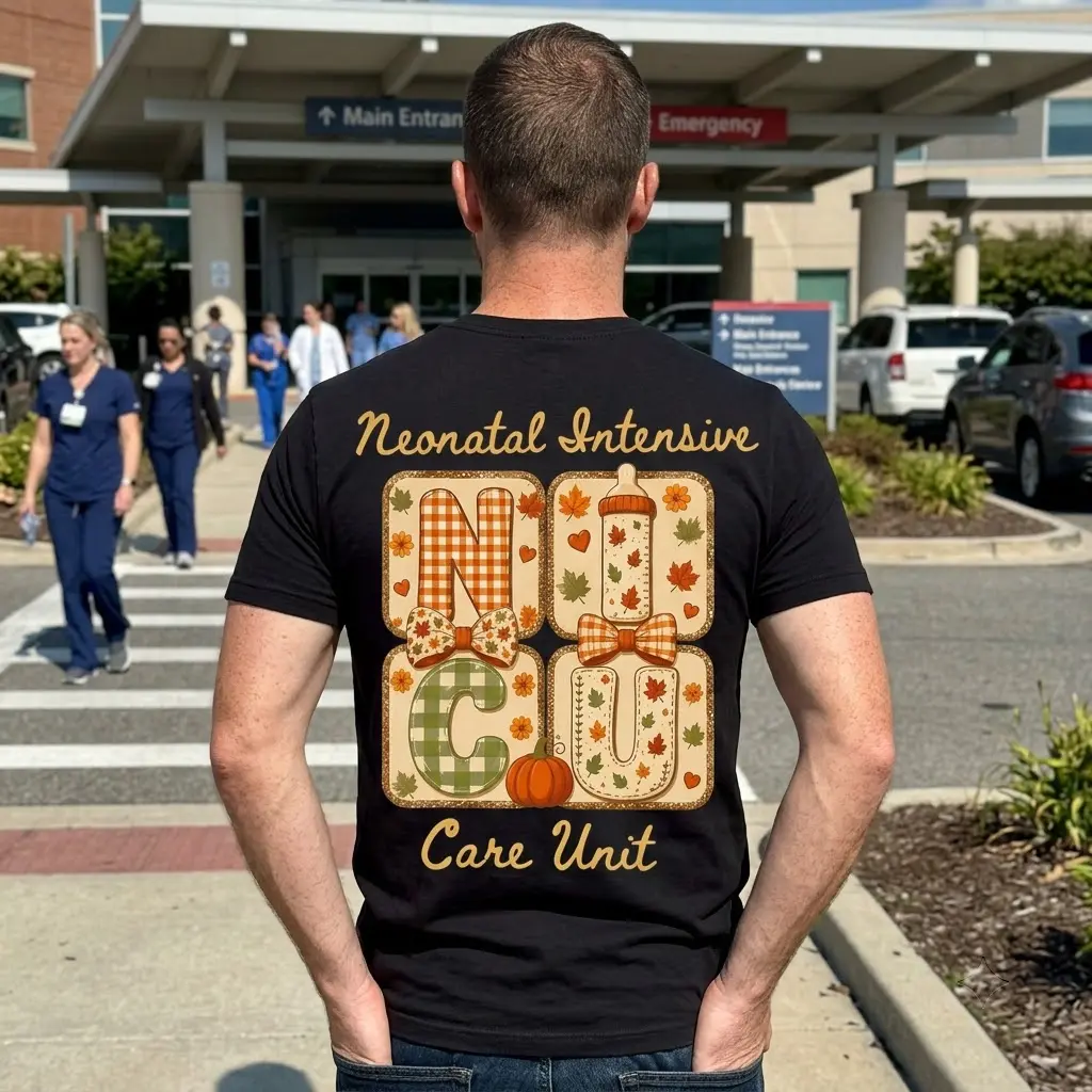 Cute Fall NICU Nurse Care Unit T-Shirt 6 T-shirt with the "Fall NICU Nurse" design, displaying "Neonatal Intensive" above and "Care Unit" below the autumn-decorated letters.