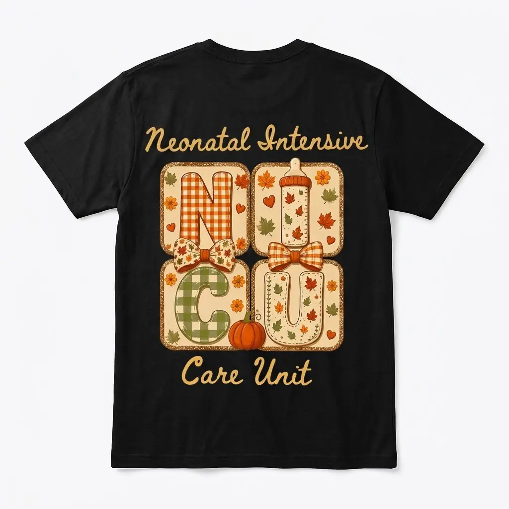 Cute Fall NICU Nurse Care Unit T-Shirt 1 Black t-shirt, back flatlay, displaying "Neonatal Intensive Care Unit" with autumn-themed NICU letters, bows, and a pumpkin.