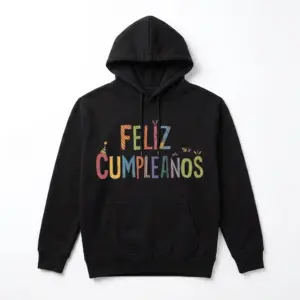 Cute Feliz Cumpleaños Spanish Birthday T-Shirt 7 Front view of black shirt displaying 'Feliz Cumpleaños' in bright colors.