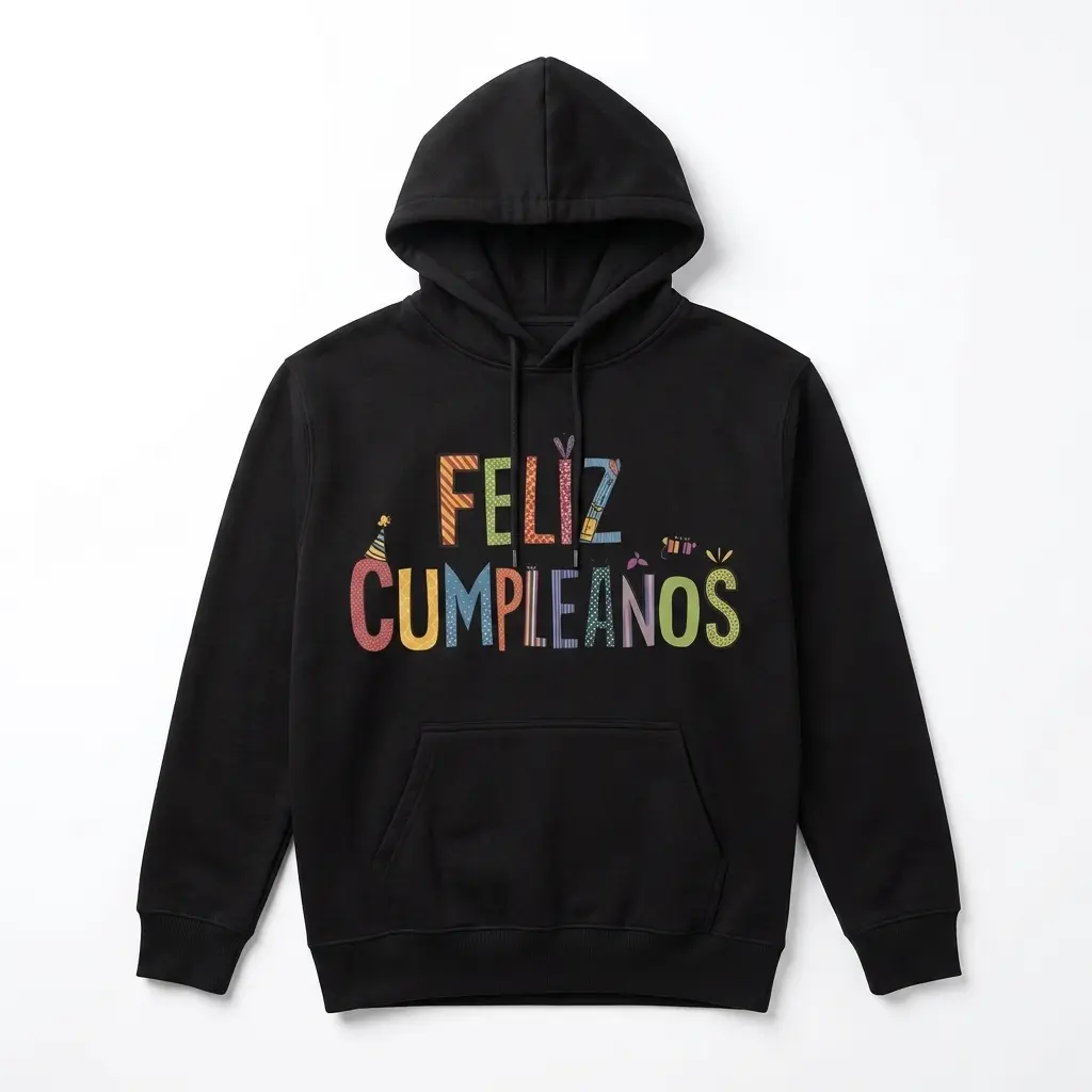 Cute Feliz Cumpleaños Spanish Birthday T-Shirt 2 Front view of black shirt displaying 'Feliz Cumpleaños' in bright colors.
