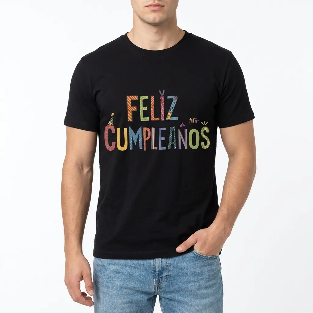 Cute Feliz Cumpleaños Spanish Birthday T-Shirt 3 Colorful 'Feliz Cumpleaños' design on a black T-shirt.