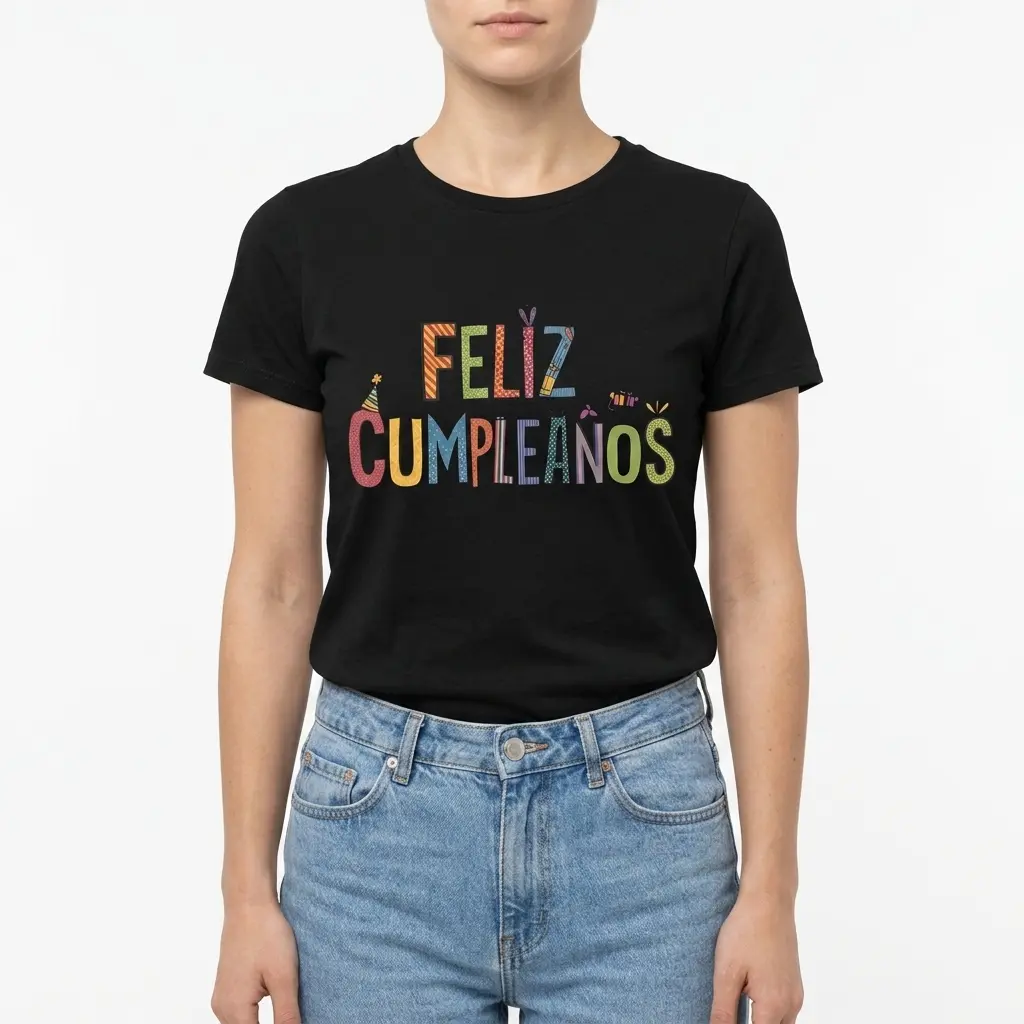 Cute Feliz Cumpleaños Spanish Birthday T-Shirt 4 Black birthday T-shirt featuring vibrant 'Feliz Cumpleaños' message.
