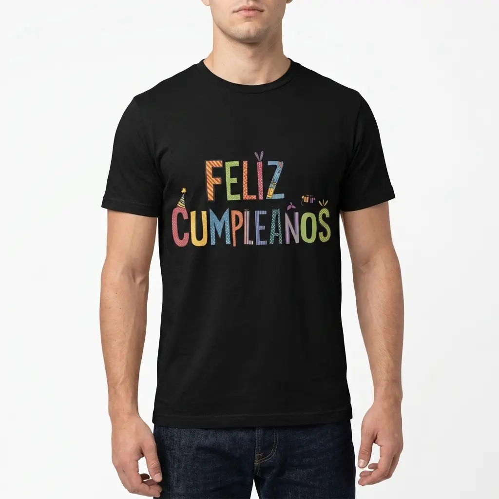 Cute Feliz Cumpleaños Spanish Birthday T-Shirt 5 Spanish 'Feliz Cumpleaños' phrase on black T-shirt, colorful design.