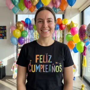 Cute Feliz Cumpleaños Spanish Birthday T-Shirt 11 Person wearing black 'Feliz Cumpleaños' shirt with colorful letters.