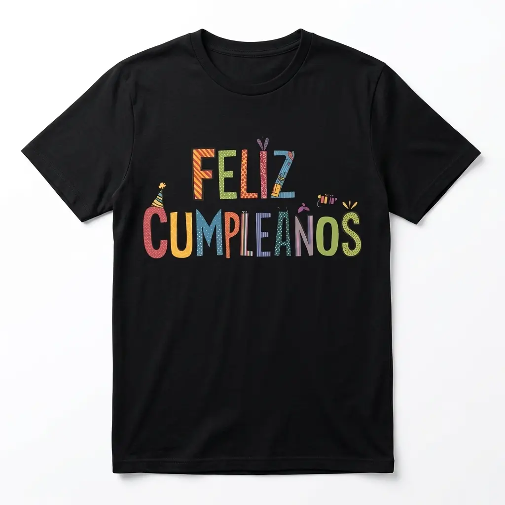Cute Feliz Cumpleaños Spanish Birthday T-Shirt 1 Black T-shirt with colorful 'Feliz Cumpleaños' text in Spanish.