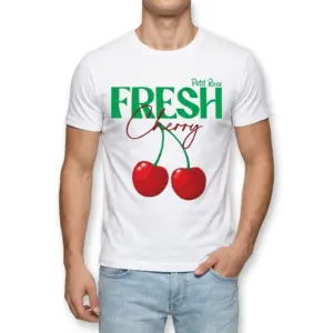 Cute Fresh Cherry Vintage Graphic T-Shirt 8 Close-up of cherry graphic on vintage-style T-shirt.