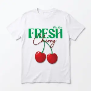 Vintage-inspired cherry graphic tee with 'Fresh' text design.