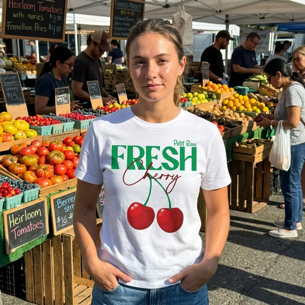 Cute Fresh Cherry Vintage Graphic T-Shirt 6 Person wearing a vintage cherry graphic tee in a casual setting.