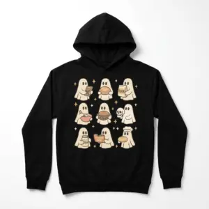 Cute Ghost Sourdough Baking T-Shirt 7 Cotton shirt with illustrated ghosts and sourdough baking theme.