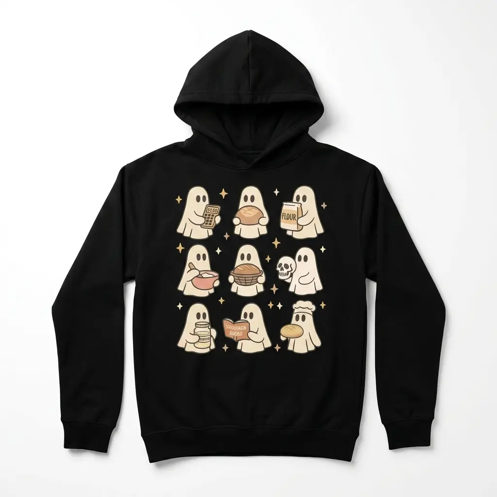 Cute Ghost Sourdough Baking T-Shirt 2 Cotton shirt with illustrated ghosts and sourdough baking theme.