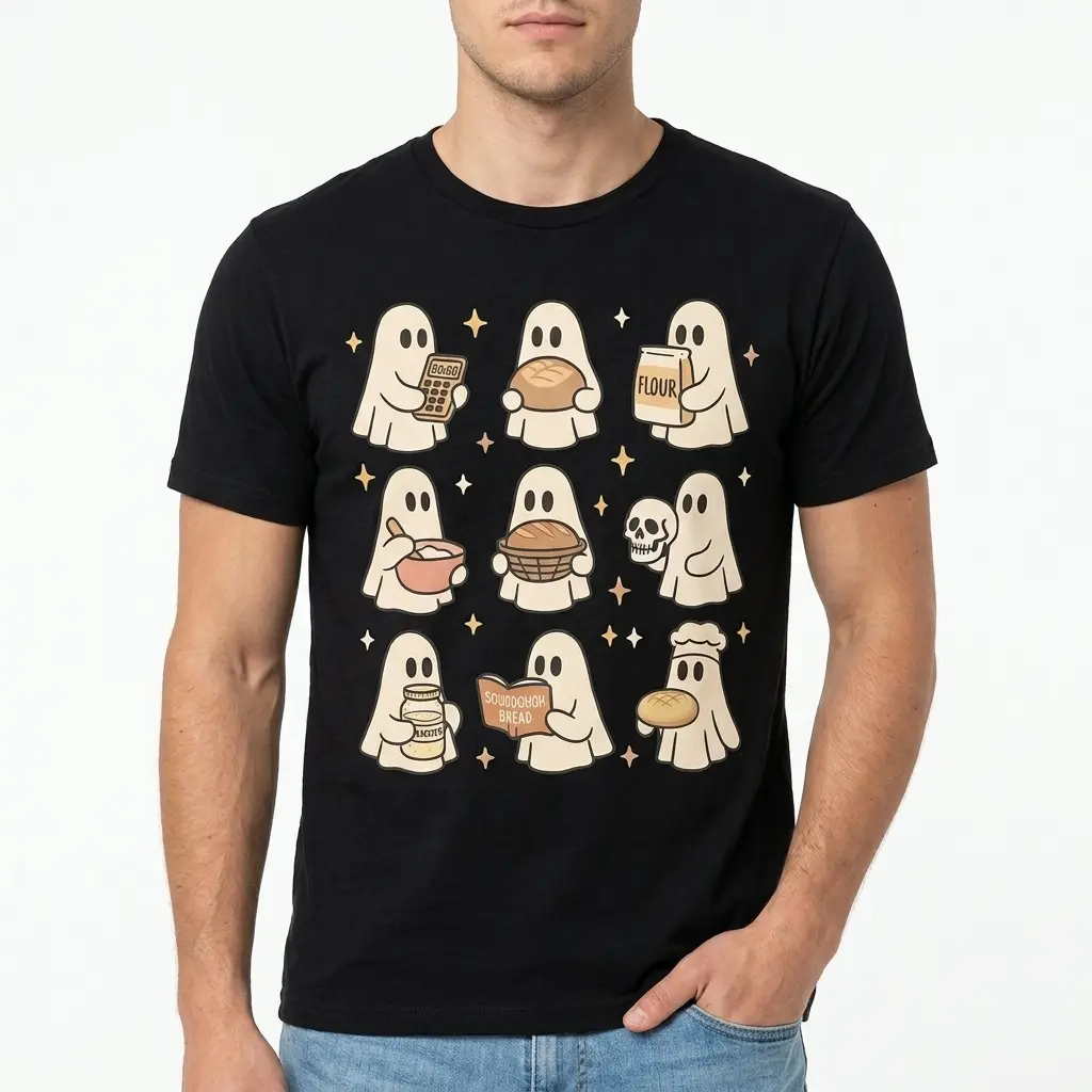 Cute Ghost Sourdough Baking T-Shirt 3 Humorous Halloween T-shirt design with baking ghost illustrations.