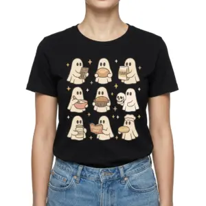 Cute Ghost Sourdough Baking T-Shirt 9 Graphic tee displaying playful ghosts interacting with baking items.