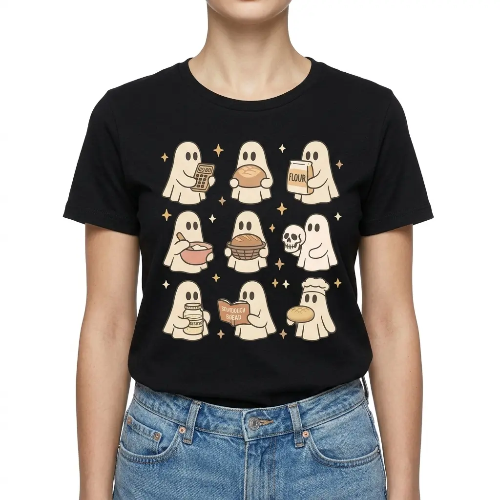 Cute Ghost Sourdough Baking T-Shirt 4 Graphic tee displaying playful ghosts interacting with baking items.