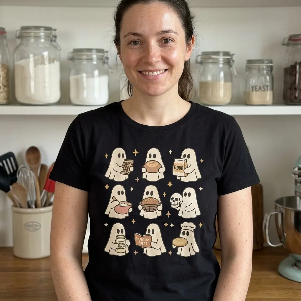 Cute Ghost Sourdough Baking T-Shirt 6 Casually styled T-shirt featuring ghostly characters in a baking scene.