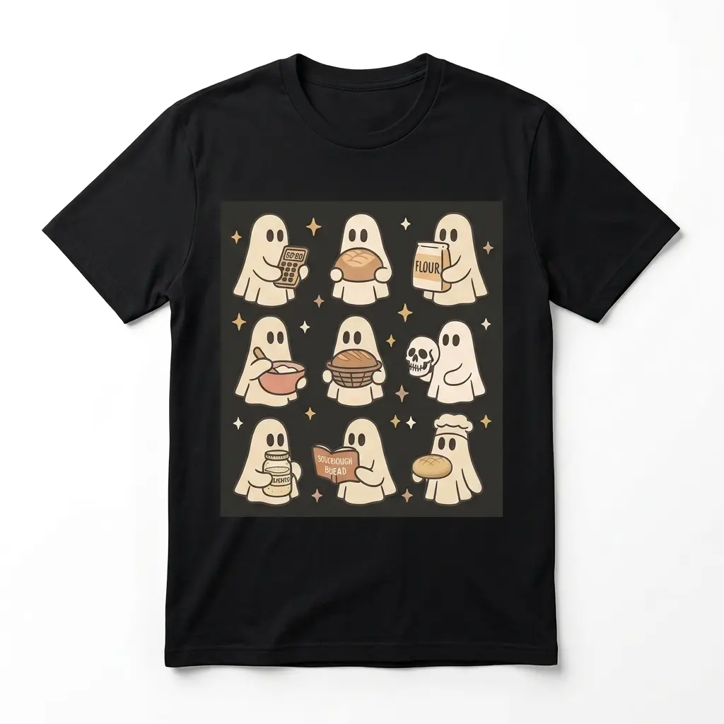 Cute Ghost Sourdough Baking T-Shirt 1 Black T-shirt featuring cute ghosts engaged in sourdough baking activities.
