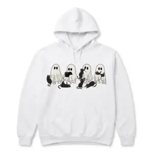 Cute Ghosts and Black Cats Halloween T-Shirt 7 Displayed in a flat lay, showing ghost and cat Halloween design.