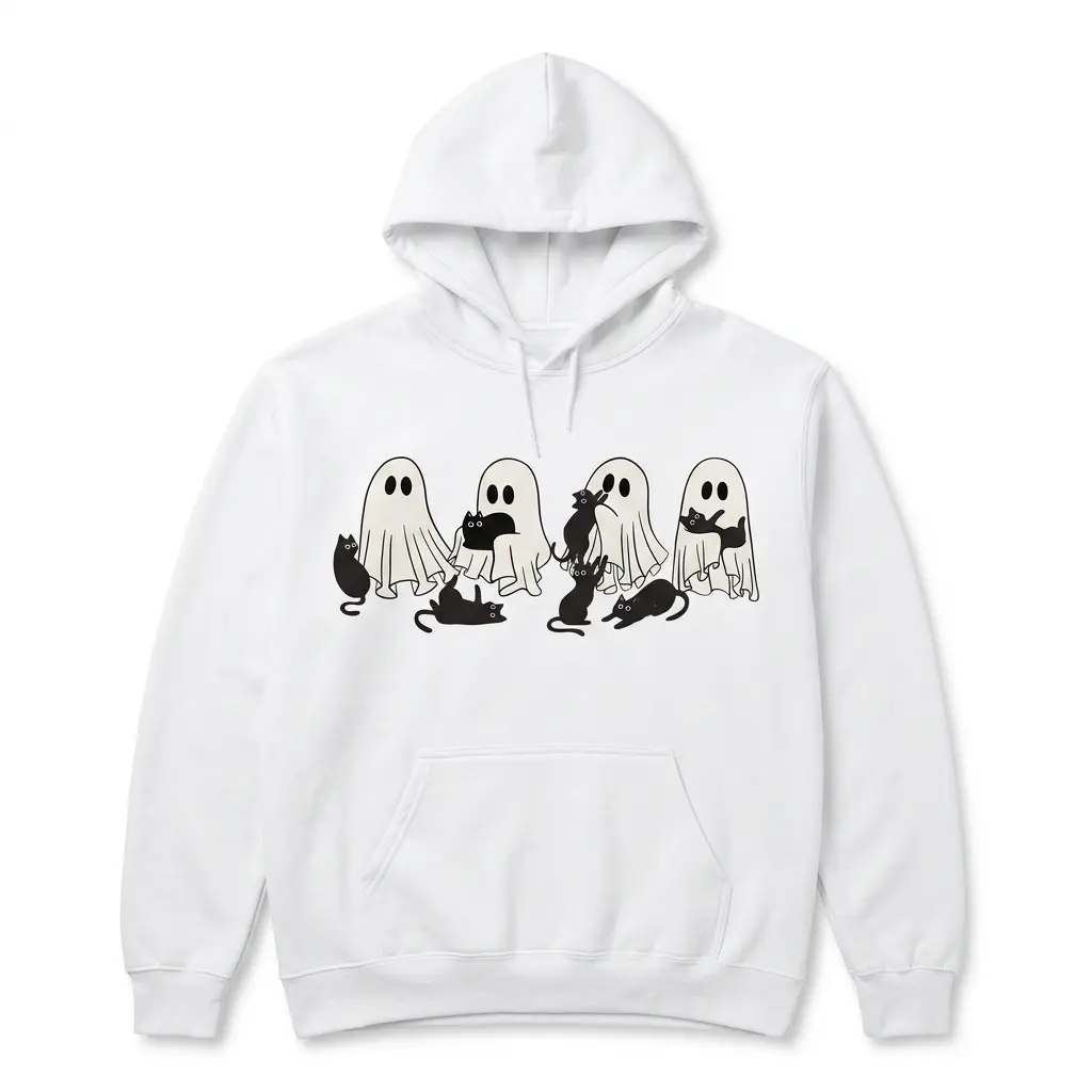 Cute Ghosts and Black Cats Halloween T-Shirt 2 Displayed in a flat lay, showing ghost and cat Halloween design.