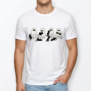 Cute Ghosts and Black Cats Halloween T-Shirt 8 Front view of T-shirt featuring playful ghosts and cats.