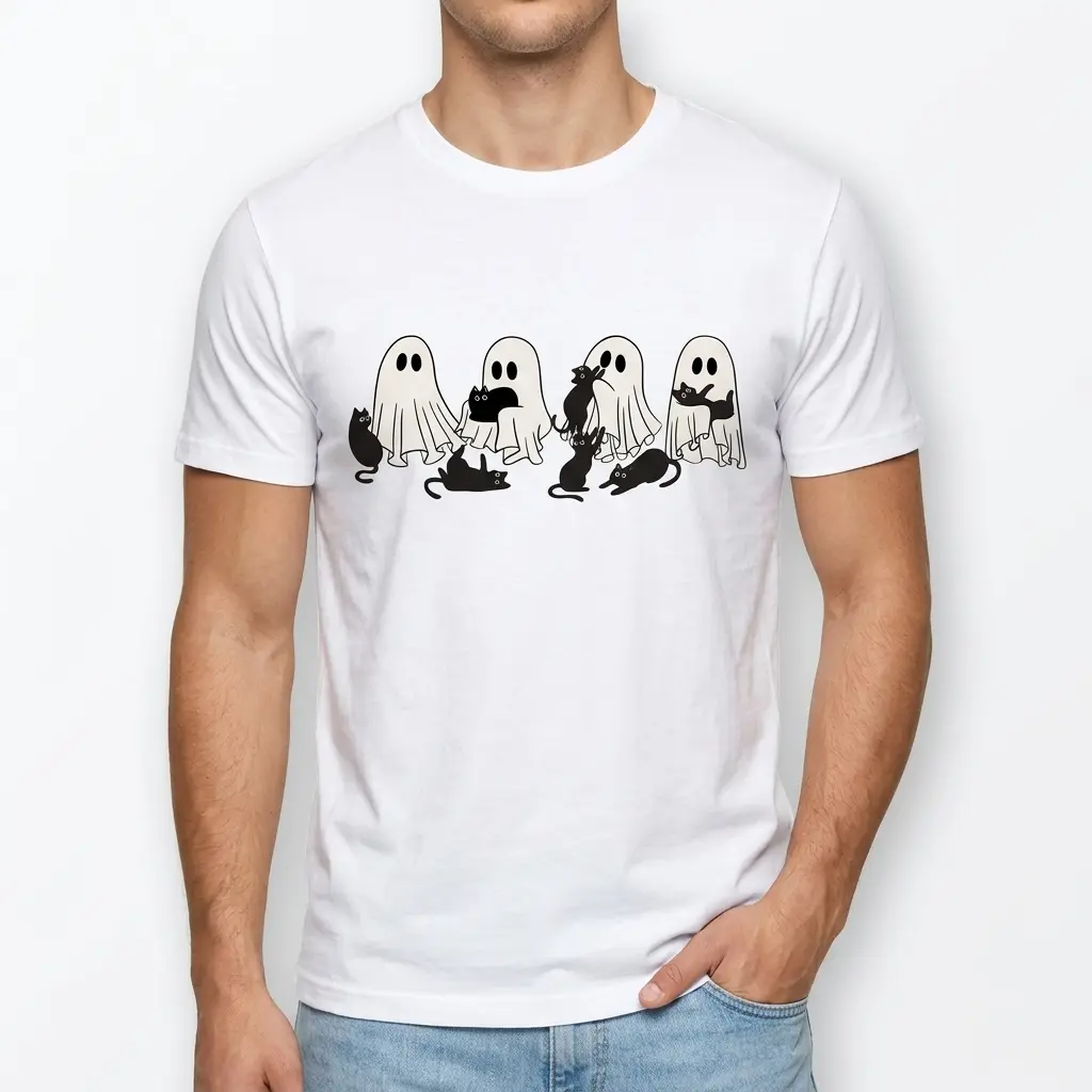Cute Ghosts and Black Cats Halloween T-Shirt 3 Front view of T-shirt featuring playful ghosts and cats.