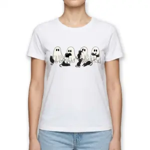 Cute Ghosts and Black Cats Halloween T-Shirt 9 Ghost and cat themed Halloween T-shirt laid out flat.