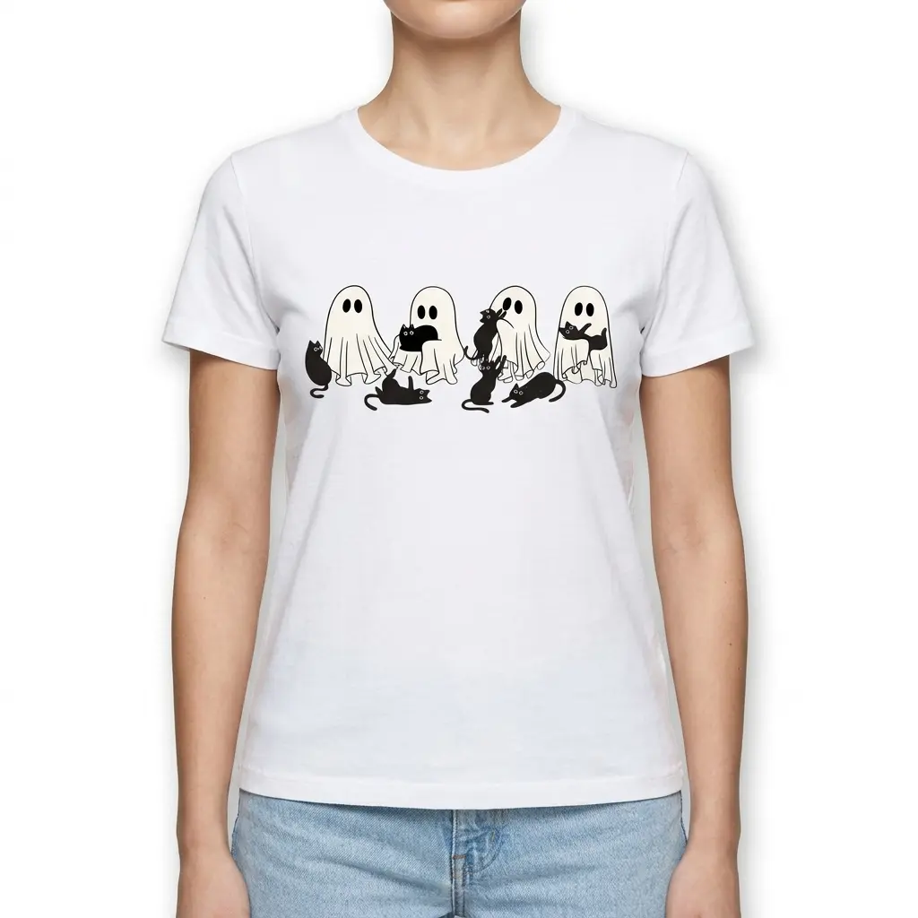 Cute Ghosts and Black Cats Halloween T-Shirt 4 Ghost and cat themed Halloween T-shirt laid out flat.