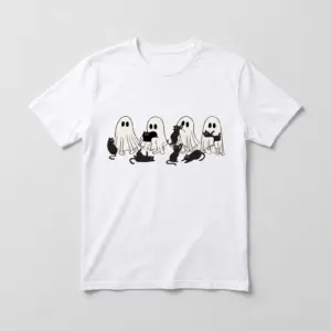 White T-shirt with cute ghost and black cat design for Halloween.