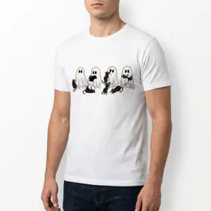 Cute Ghosts and Black Cats Halloween T-Shirt 10 Close-up of Halloween T-shirt with ghost and black cat print.