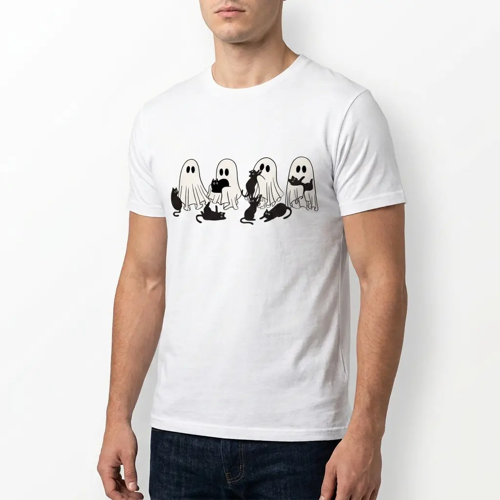Cute Ghosts and Black Cats Halloween T-Shirt 5 Close-up of Halloween T-shirt with ghost and black cat print.