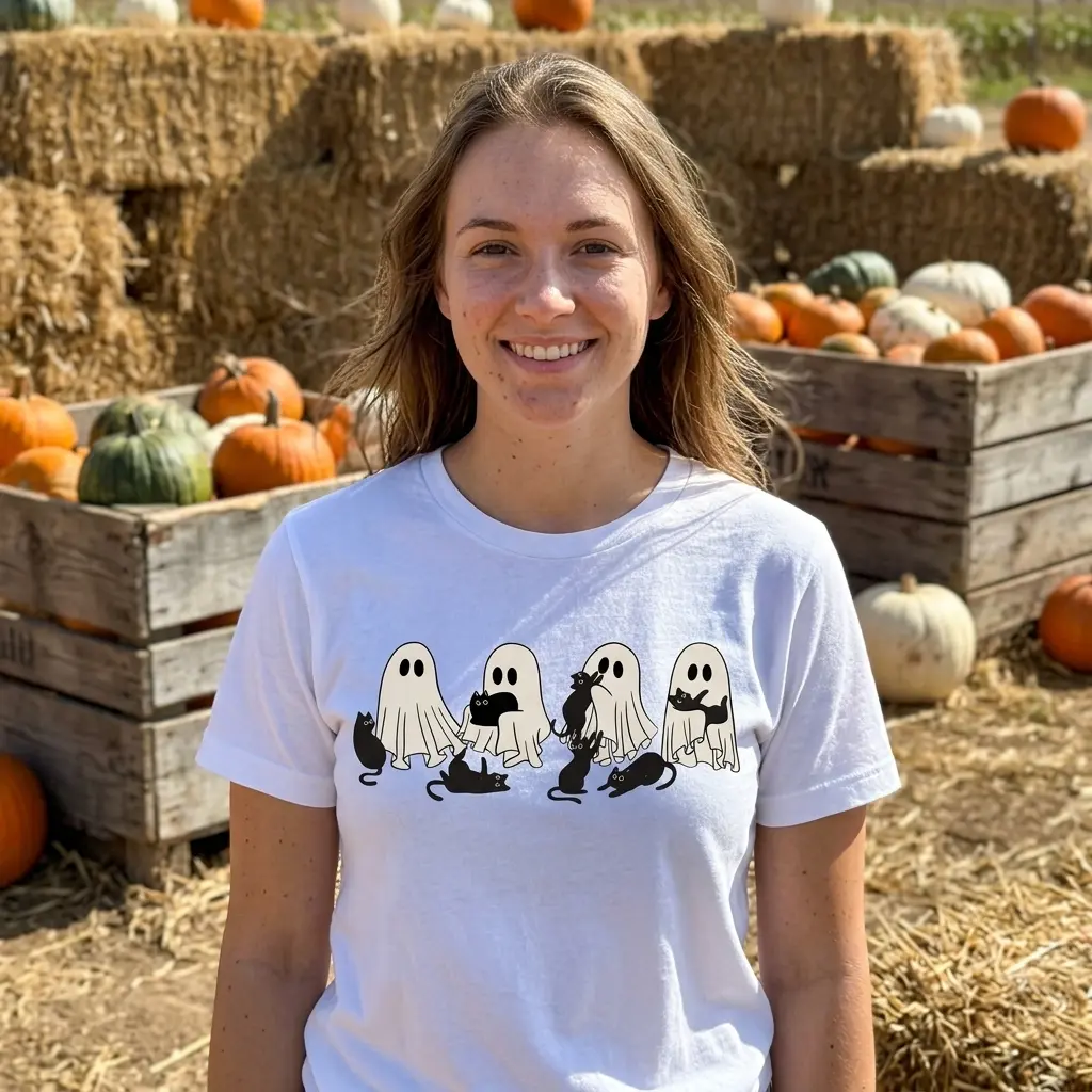Cute Ghosts and Black Cats Halloween T-Shirt 6 Model wearing Halloween T-shirt with ghost and black cat motif.