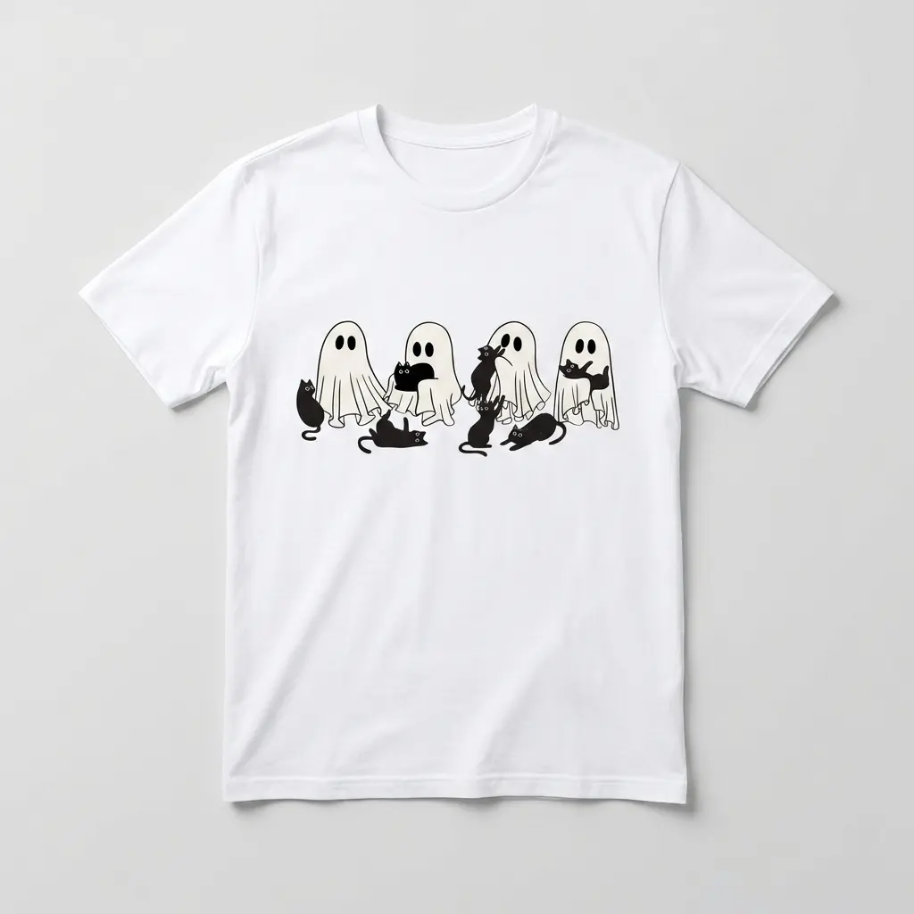 Cute Ghosts and Black Cats Halloween T-Shirt 1 White T-shirt with cute ghost and black cat design for Halloween.