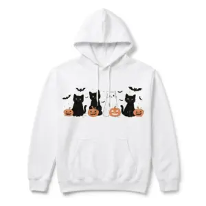 Cute Halloween Cats and Ghost Pumpkin T-Shirt 7 Halloween cat shirt showcasing black cats with pumpkins and bats.