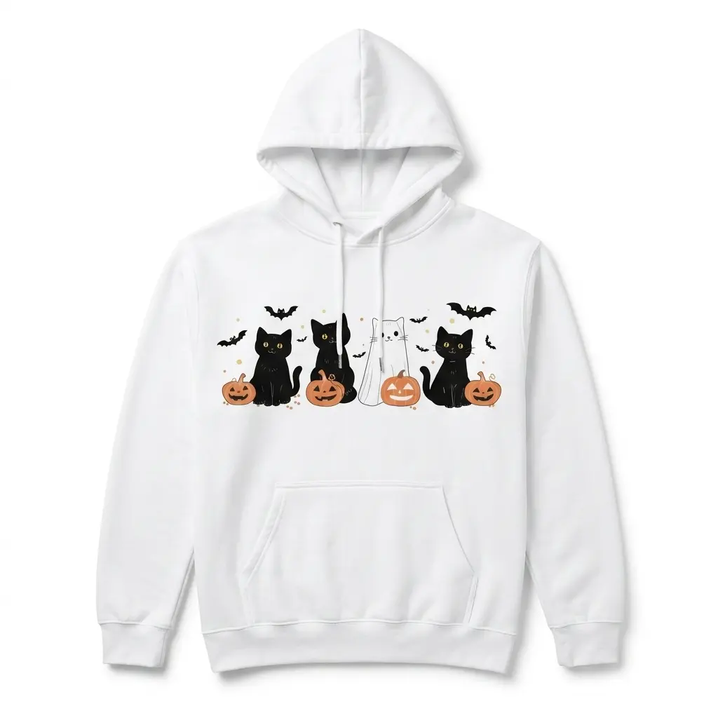 Cute Halloween Cats and Ghost Pumpkin T-Shirt 2 Halloween cat shirt showcasing black cats with pumpkins and bats.
