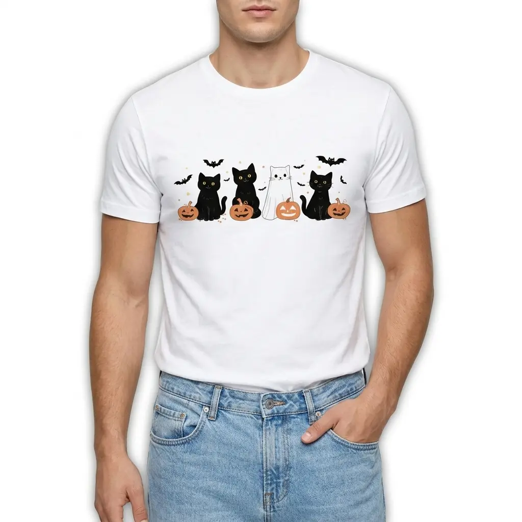 Cute Halloween Cats and Ghost Pumpkin T-Shirt 3 T-shirt with adorable Halloween cats, pumpkins, and bat graphics.